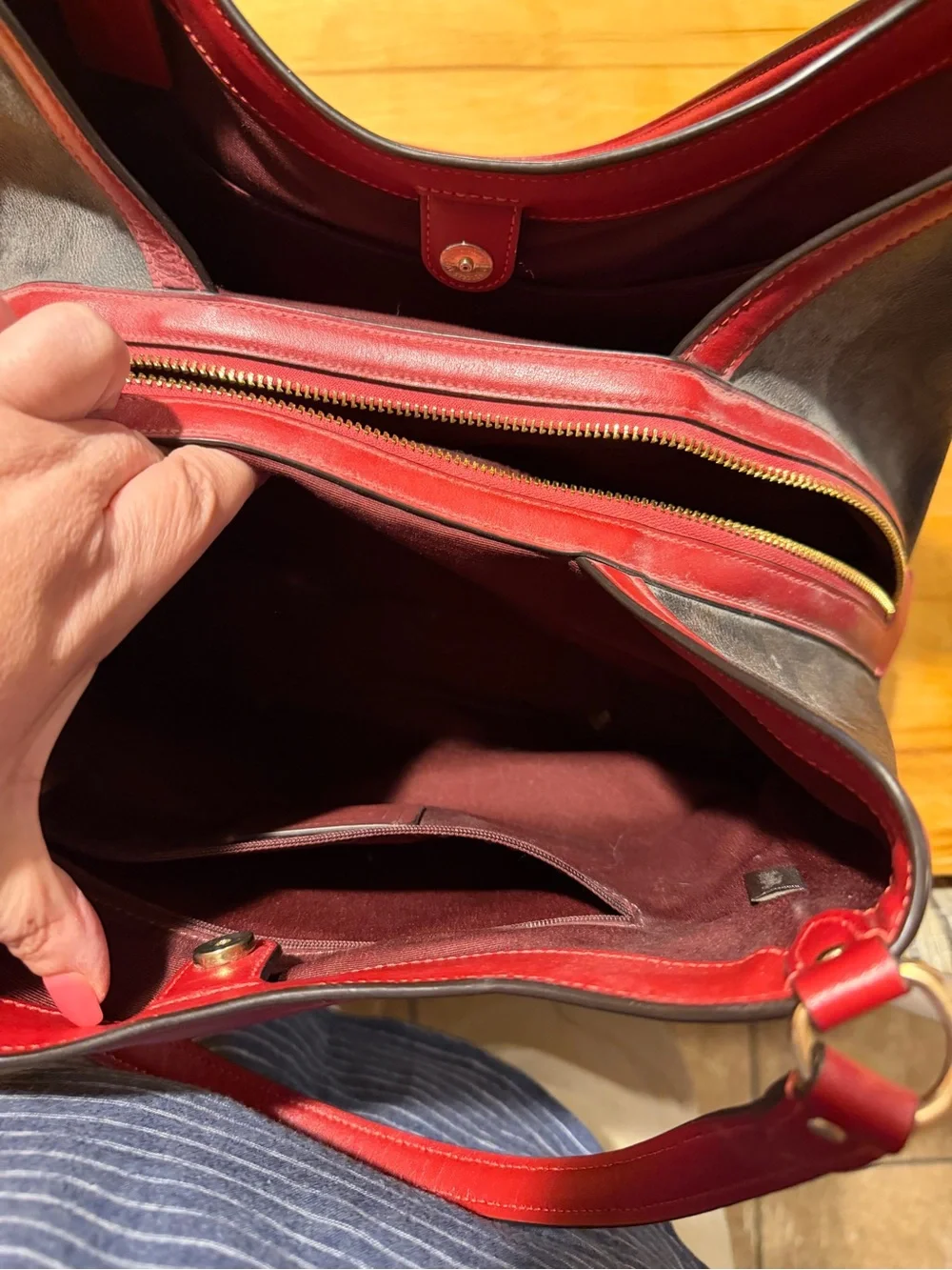 Coach Signature Hobo Bag in Brown with Red Trim